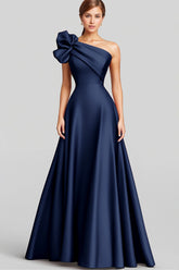 ZAPAKA Damen Marineblaues Langes Ballkleid mit Rüschen A-Linie Eine Schulter Abendkleid aus Satin